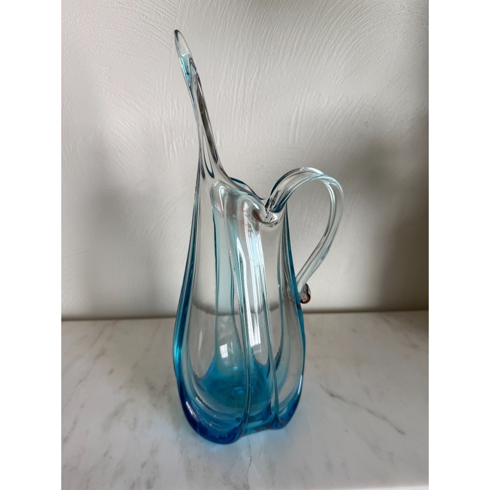 Vintage Mid Century Swung Wavy Teal Blue Art 12" Glass Vase Pitcher READ